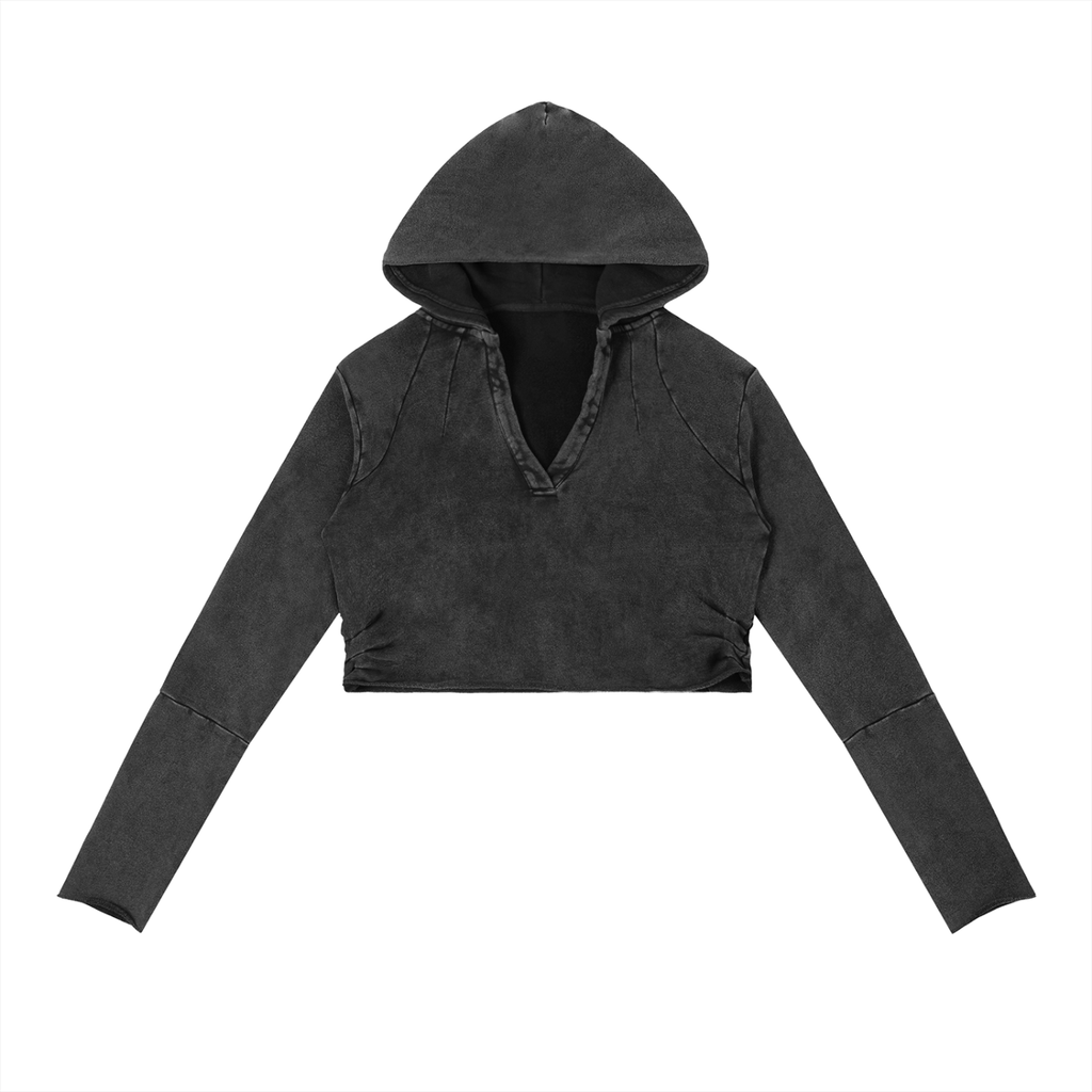 Vintage Washed Cropped V-Neck Hoodie