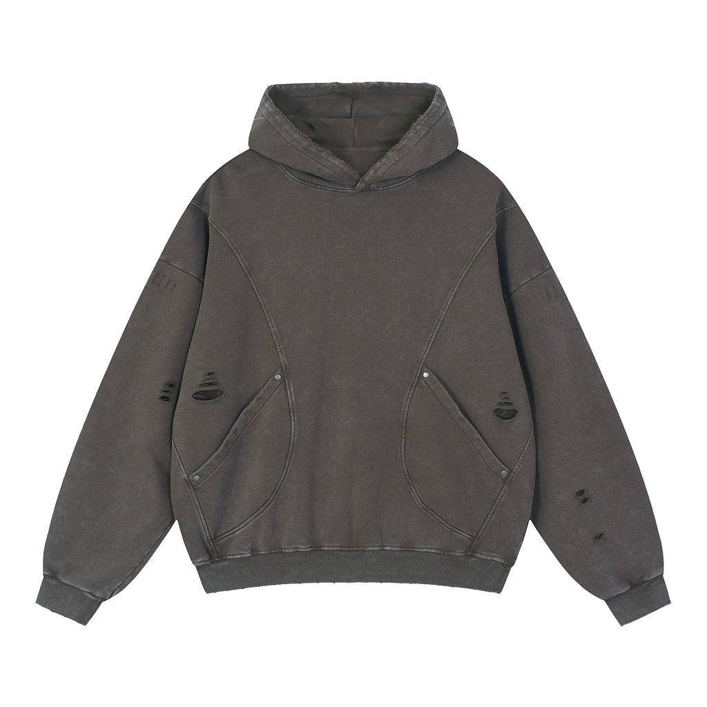 Snow Washed Distressed Panel Pocket Hoodie