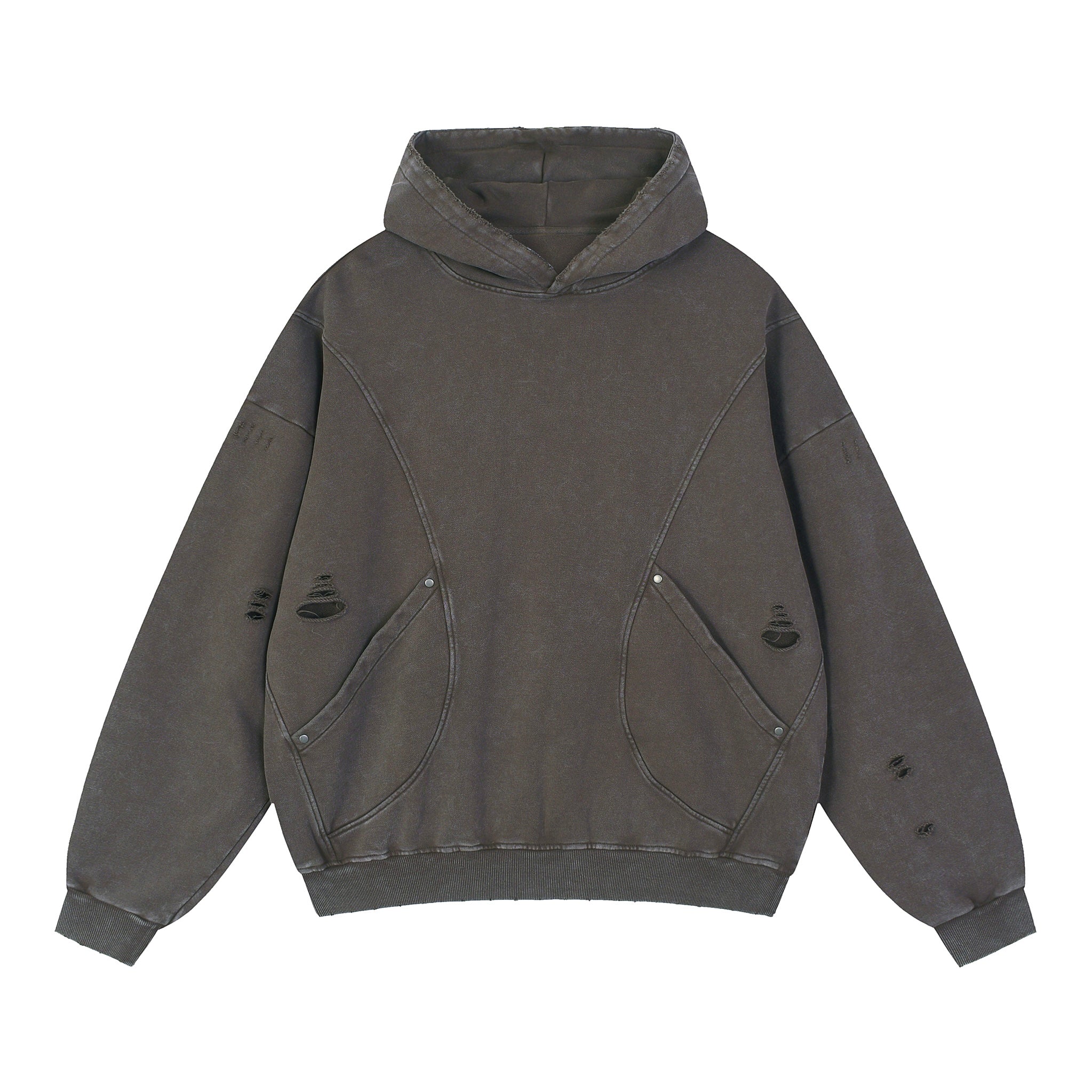 Snow Washed Distressed Panel Pocket Hoodie