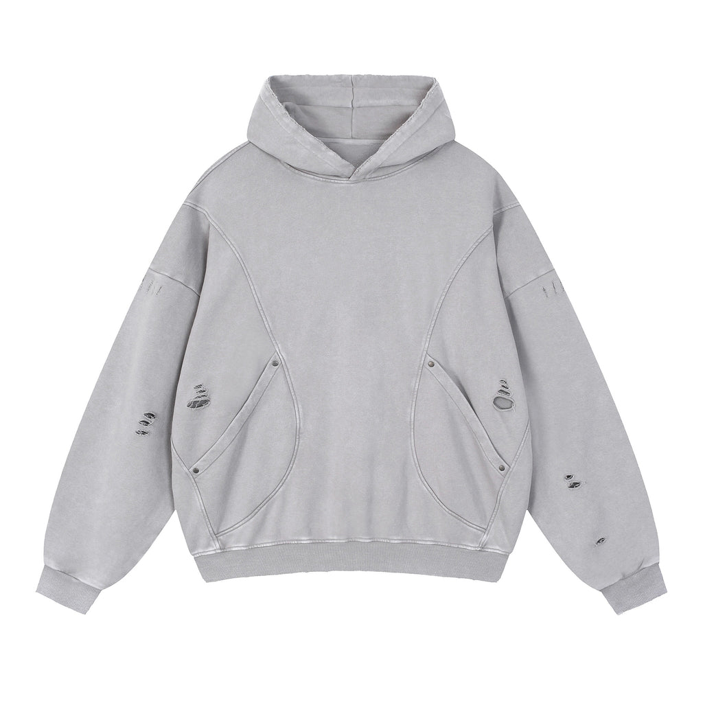 Snow Washed Distressed Panel Pocket Hoodie