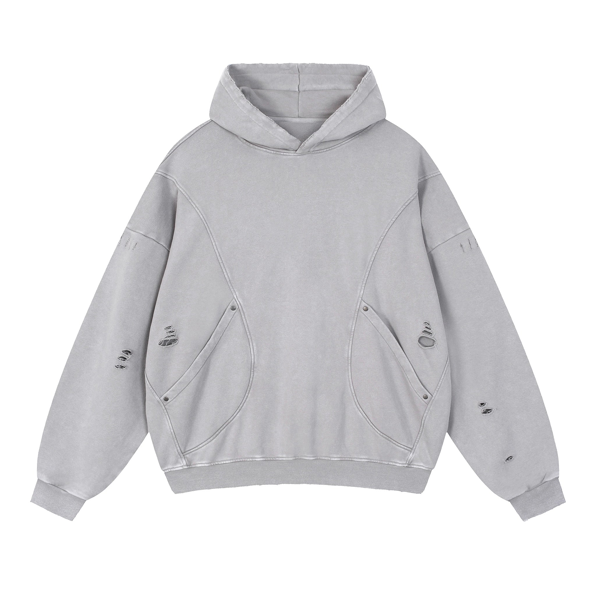Snow Washed Distressed Panel Pocket Hoodie