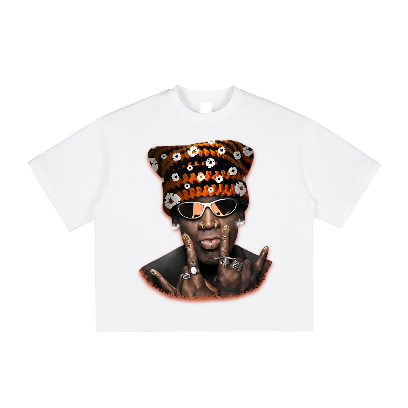 Orange & Black Kitty Hat Print Tee