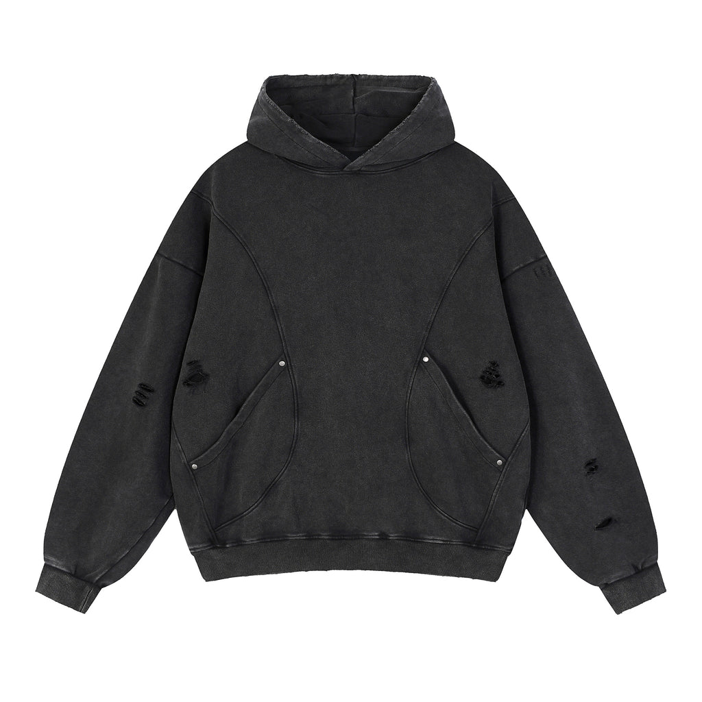 Snow Washed Distressed Panel Pocket Hoodie