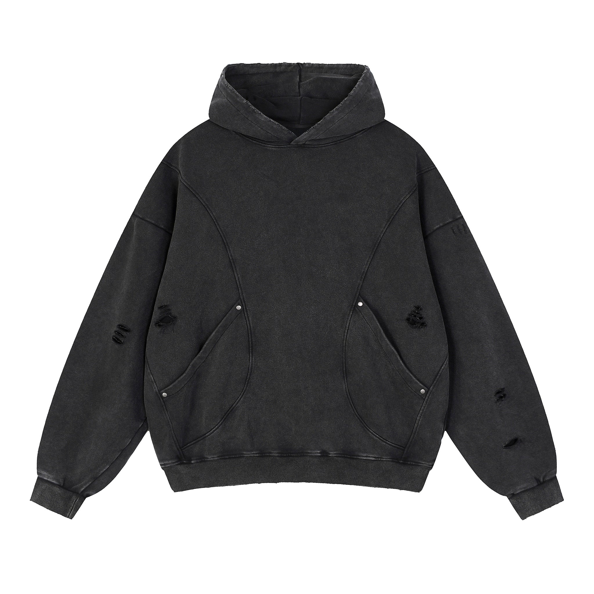 Snow Washed Distressed Panel Pocket Hoodie