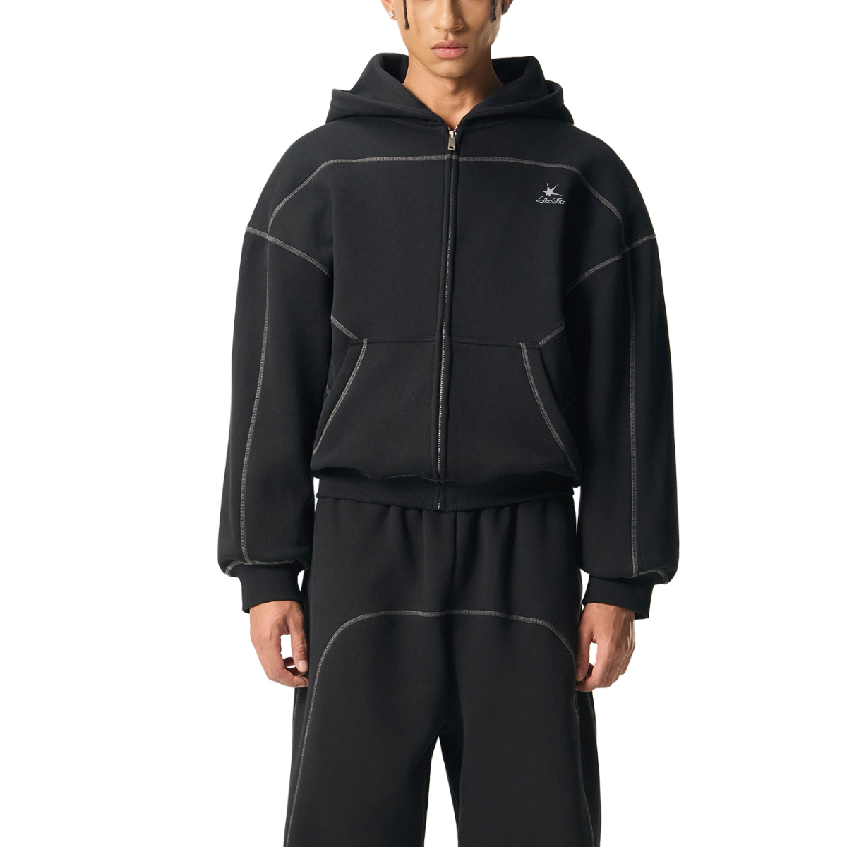 Contrast Stitched Boxy Fleece Zip Hoodie