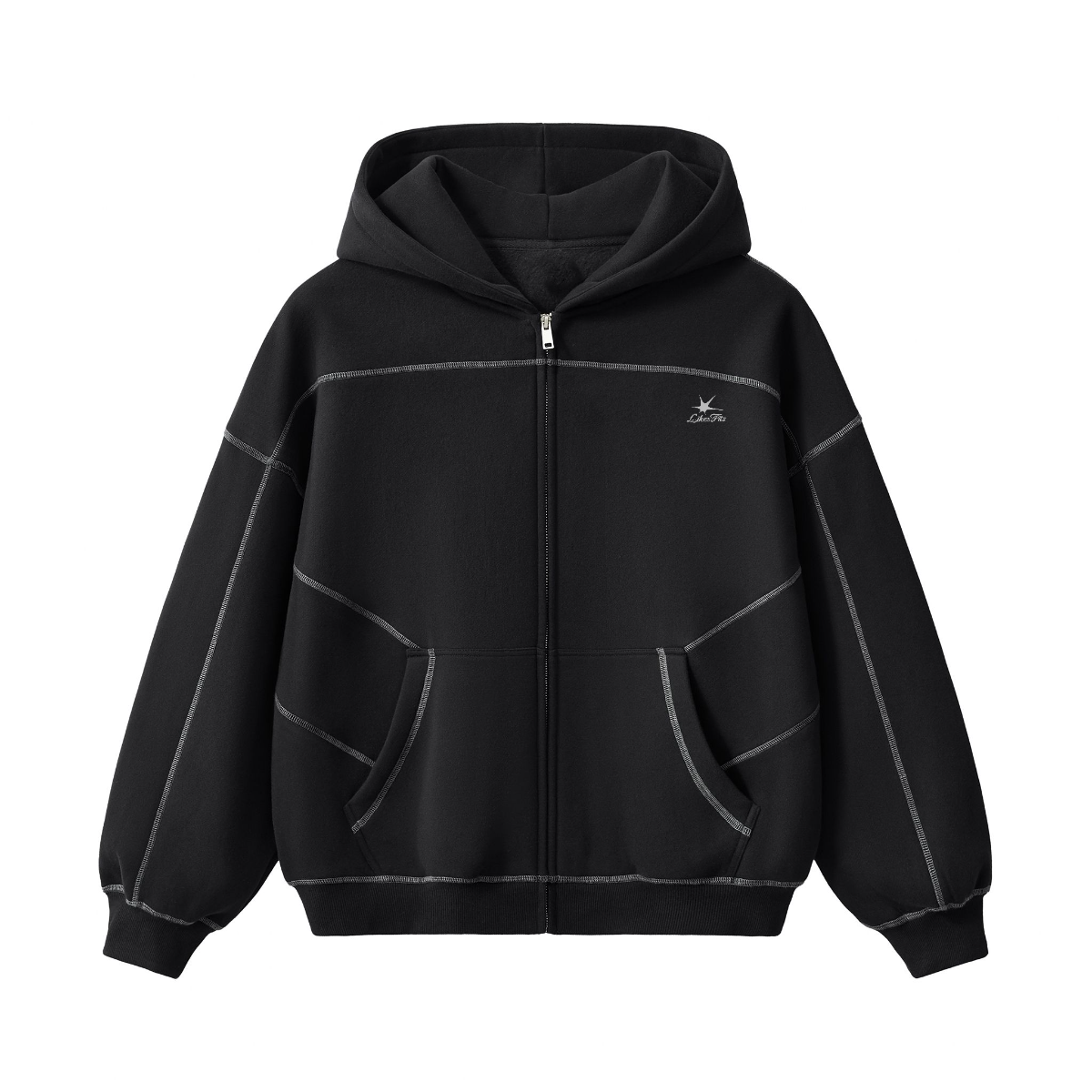 Contrast Stitched Boxy Fleece Zip Hoodie